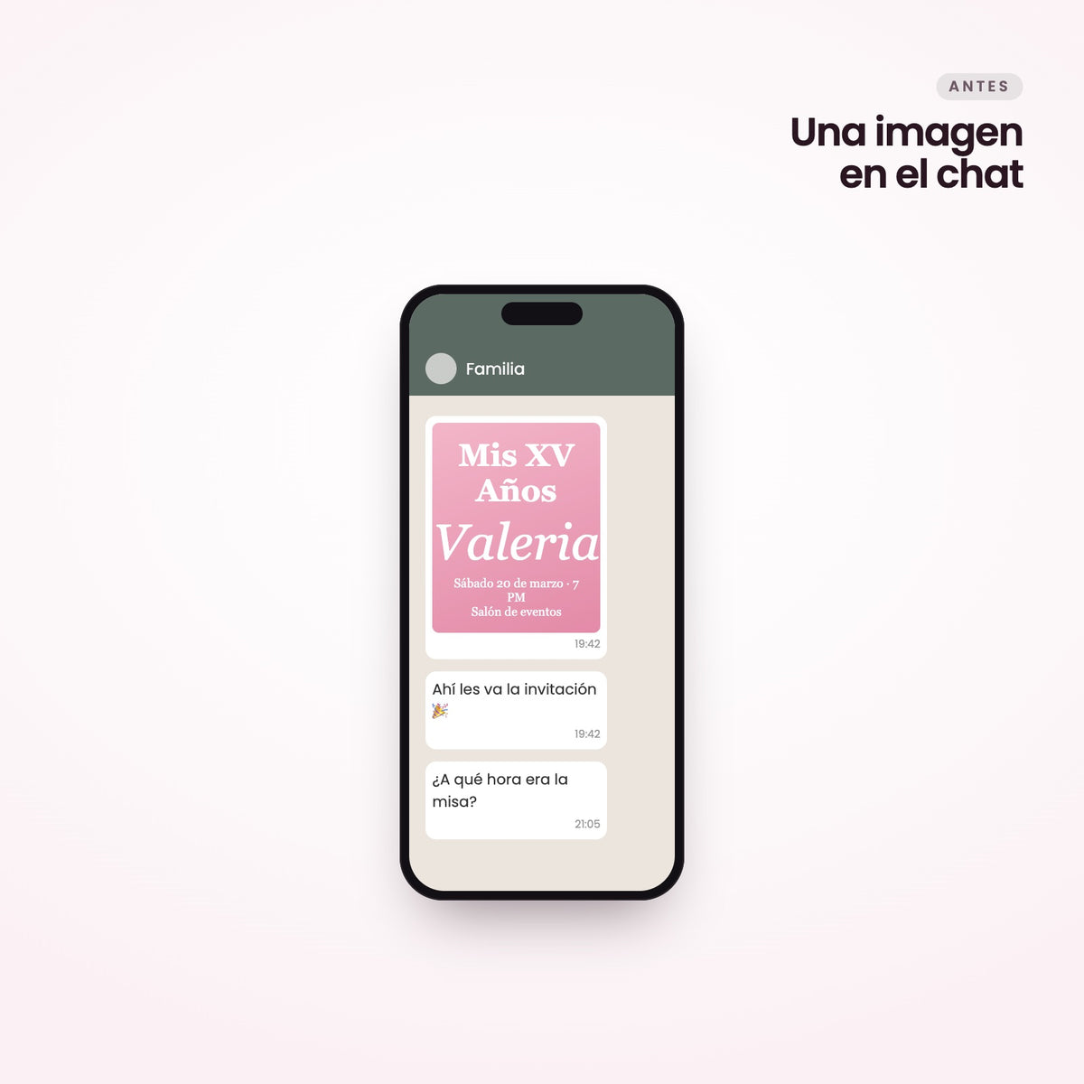 Invitación de XV años como imagen dentro de un chat