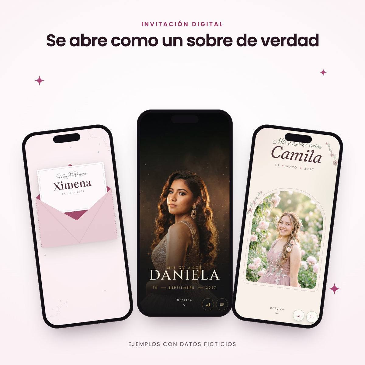 Invitaciones digitales Sobre Mágico en tres estilos: Princesa, Cinematográfico y Floral (ejemplos con datos ficticios)