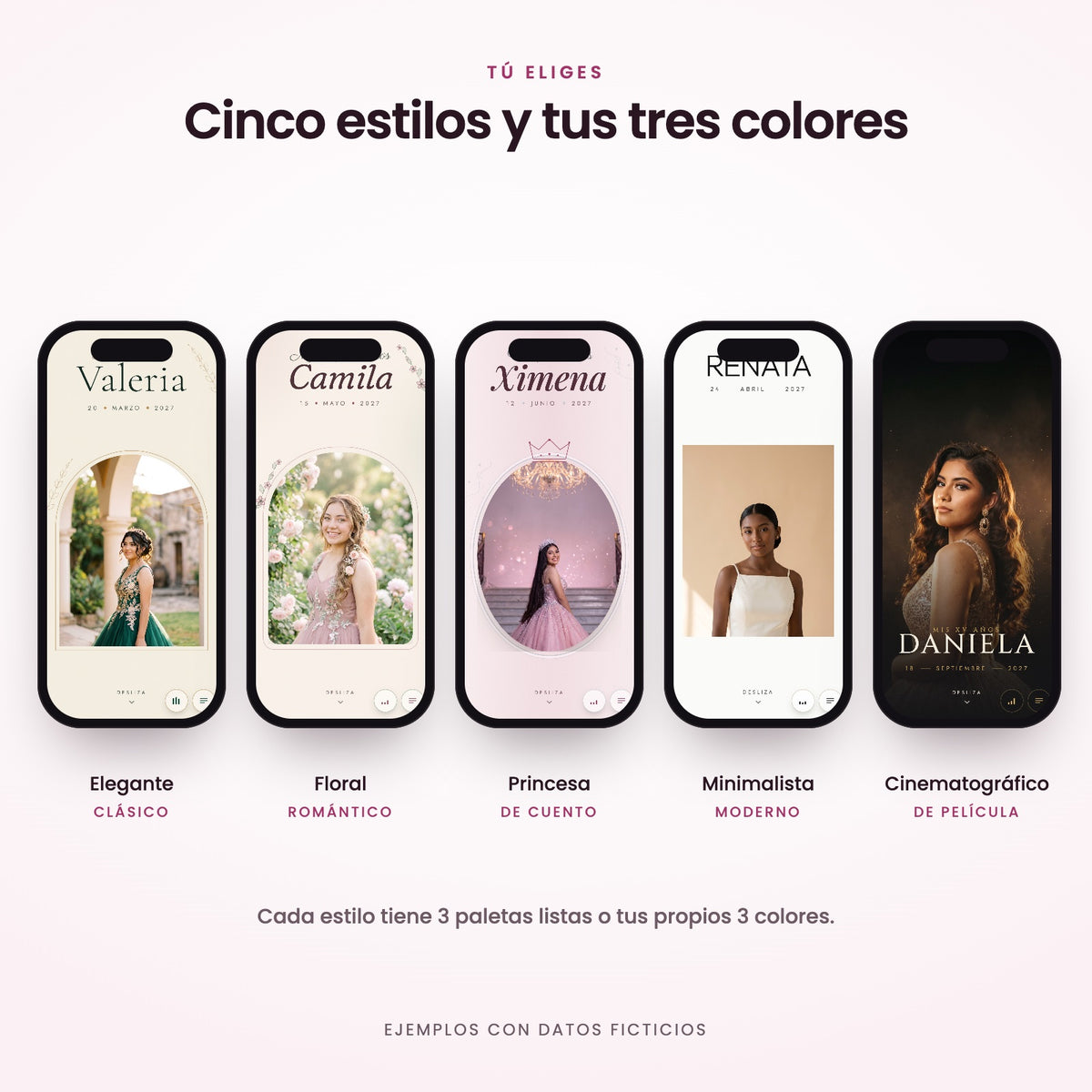 Los cinco estilos: Elegante, Floral, Princesa, Minimalista y Cinematográfico